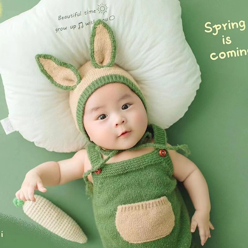 新生児用写真服,ウサギの耳がテーマの衣装,緑のニットの脚,帽子のセット,アクセサリー