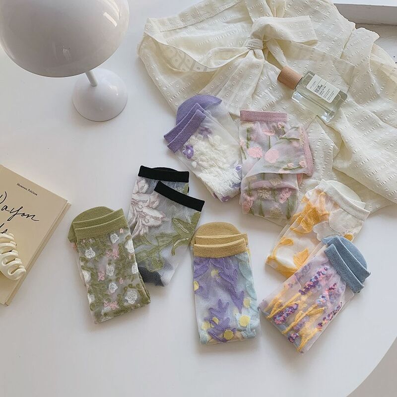 Meias de seda de cristal malha ultrafina respirável para mulheres, meias florais, tubo médio, meias florais, verão, coreanas