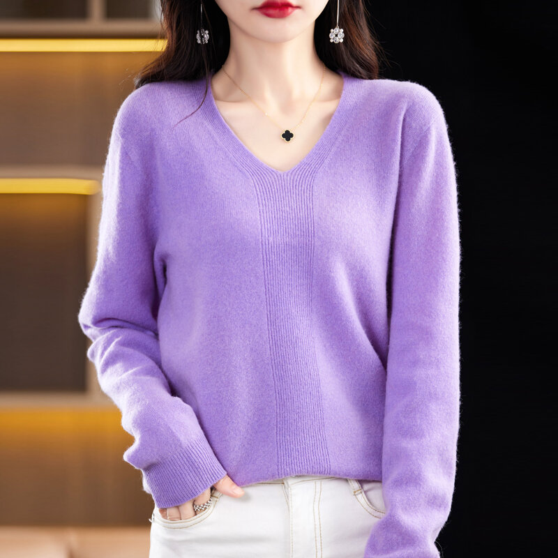 Pullover Sweater wol wanita, atasan dasar kerah V longgar warna polos kasual, Sweater wol musim semi/gugur
