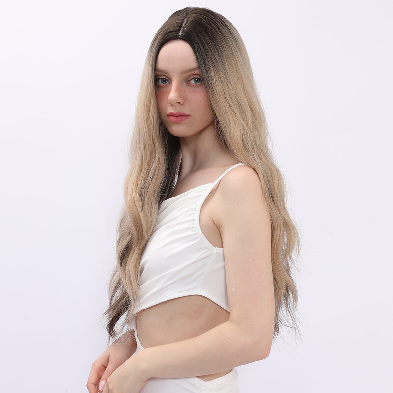 22 Inch Gray Brown Gradient Long Curly Hair Made Of High-temperature Silk Material Suitable For Daily Wear With Synthetic Wigs
