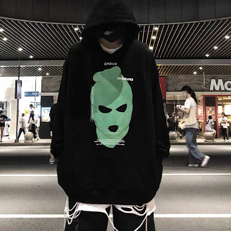 ins European and American hip-hop high street head portrait oversize printing loose hooded pullover sweater men's trend