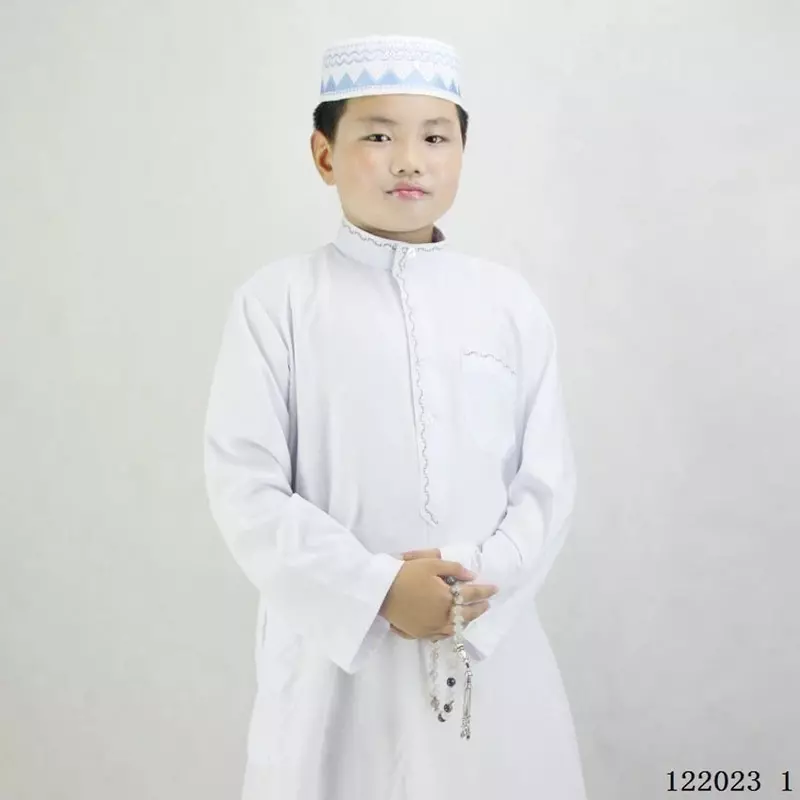 New Boy muslimische Robe Polyester bequeme Juba Tobe islamische traditionelle Kleid bestickte Kleid Robe weiß Ramadan Gebets kleid