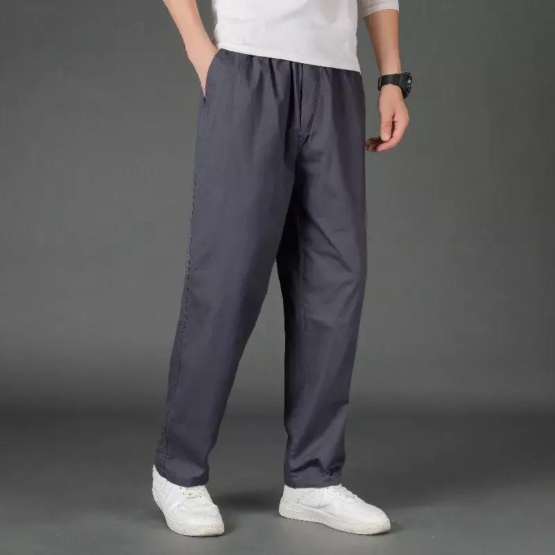 Spring Autumn Men's Pockets Elastic High Waisted Solid Casual Loose Work Uniform Straight Leg Trousers Office Lady Vintage Pants