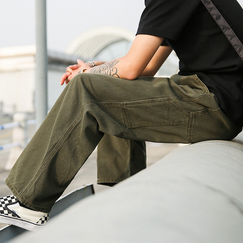 Japońskie Retro modne spodnie z szerokimi nogawkami męskie wojskowe spodnie robocze z prostymi nogawkami luźne jeansy wojskowe zielone spodnie jeansy męskie