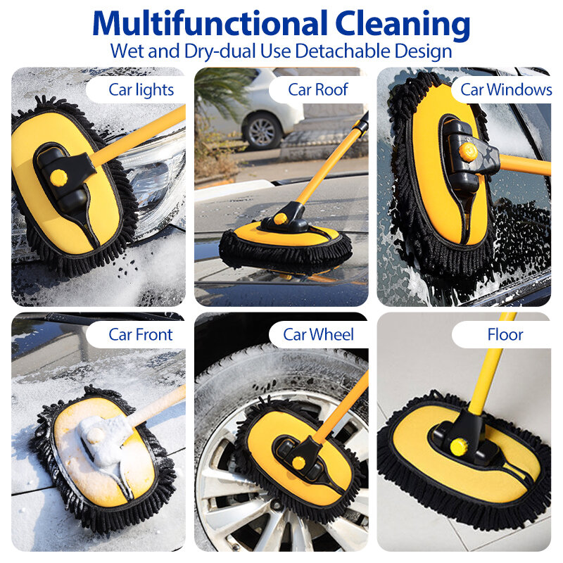 Escova de limpeza ajustável punho longo, Chenille vassoura, Car Wash Mop, Caminhão SUV, Uso ajustável, molhado e seco