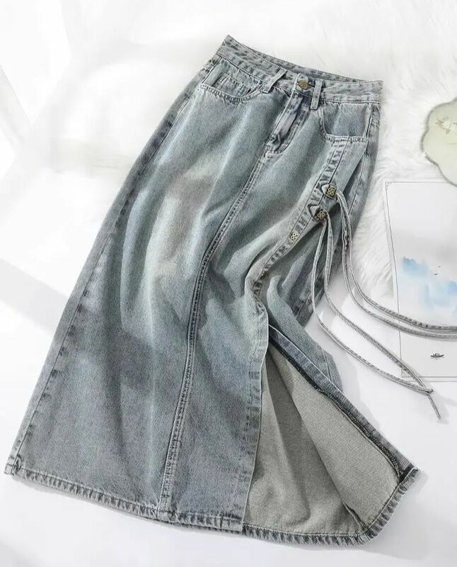 Rok Denim Retro kasual baru untuk wanita rok Jeans Musim Semi Musim Panas 2024 rok bungkus bokong terpisah pinggang tinggi baru