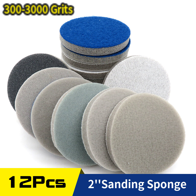 12 Pc 2 Inch 50mm 300-3000 Grit Flocking Round Sanding Sponge Abrasive Sanding Disc Hook Loop for Car Phone Polishing  Grinding