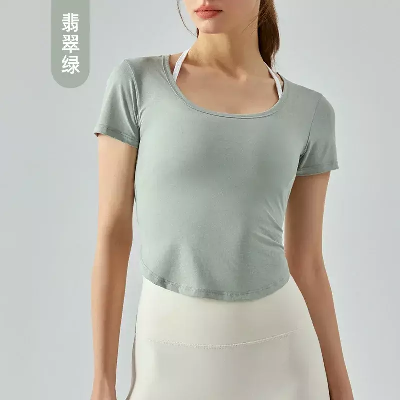T-shirt de yoga creux en jacquard pour femme, manches courtes, chemise de sport mince, t-shirt court respirant à séchage rapide, vêtements de yoga