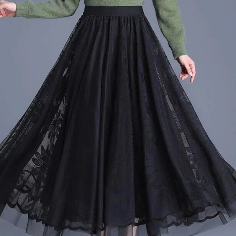 Eleganckie elastyczne spódnice w jednolitym kolorze z wycięciami i koronką Odzież damska 2024 Letnie nowe luźne spódnice biurowe damskie z wysokim stanem