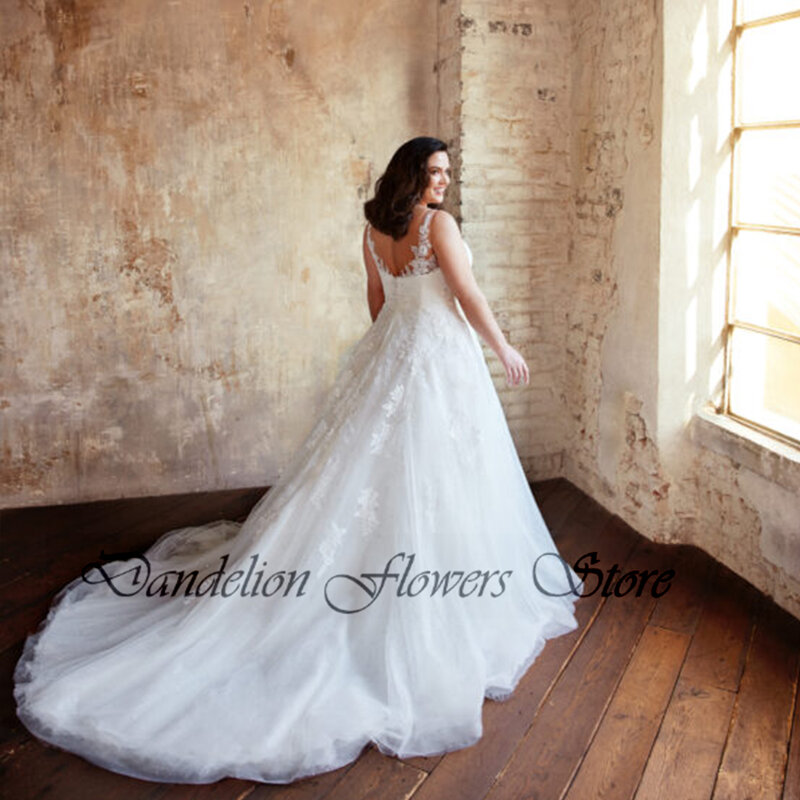 Exquisite Hochzeit Kleider Plus Größe V-ausschnitt Sleeveless Backless Braut Kleider Spitze Applique A-Line Sweep Zug Vestido De Noiva