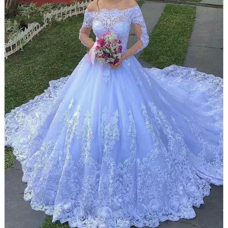 Klasik dari bahu renda applique A-Line gaun pernikahan menyapu kereta Vestidos De Novia Taman Negara gaun pengantin