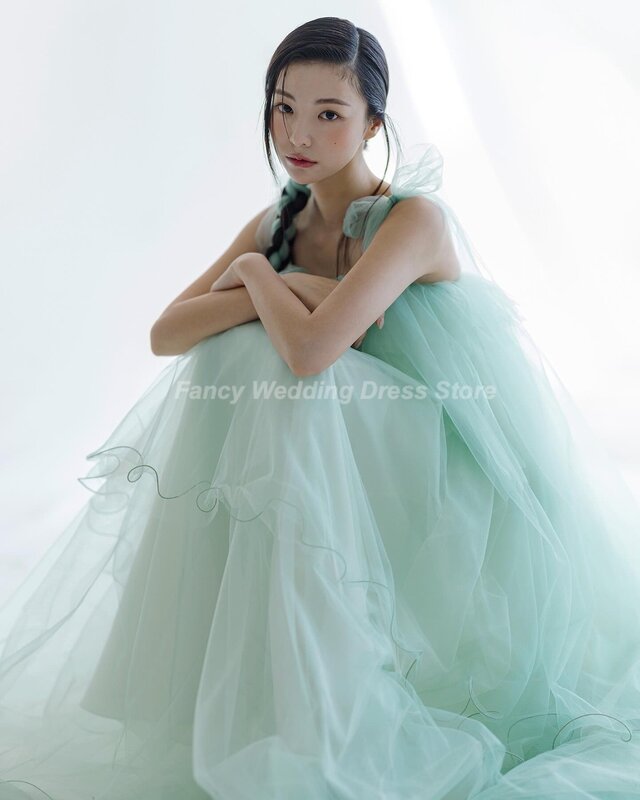 Fancy Simple Green 2pcs Korea Wedding Dress Soft Tulle Sleeveless Bridal Gown Floor Length Bridal Dresses Corset Back
