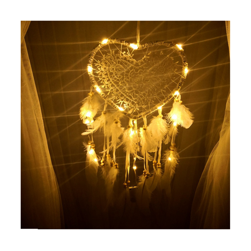 Łapacz snów Boho serca, z oświetleniem LED w kształcie serca wisior łapacz snów styl Boho dekoracja na prezenty dla dziewczynek