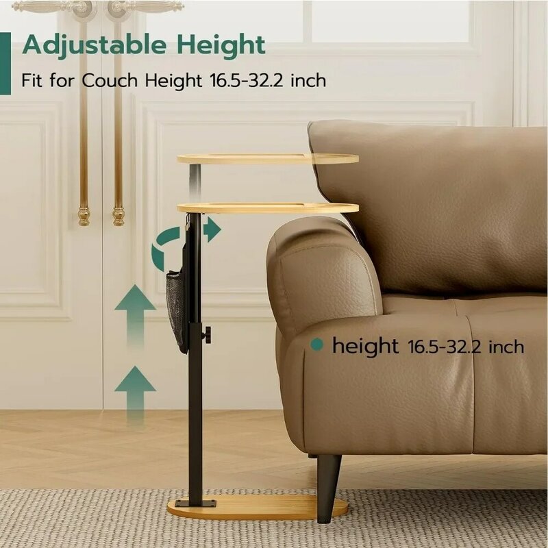 Couch Side Table with Adjustable Heights, Bamboo Sofa Tray Table with Storage Pocket, Liftable Couch Arm Tray Table
