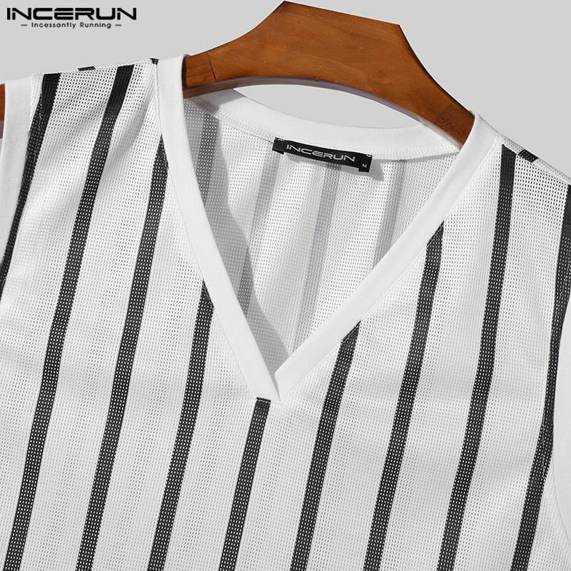 INCERUN Men Tank Tops Striped Summer V Neck Sleeveless Casual Male Vests Streetwear 2024 Transparent Fashion Men Clothing S-5XL