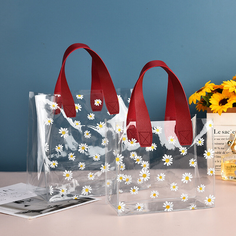 Transparente PVC-Geschenk-Einkaufstasche Verpackung Tasche klar Gänseblümchen Kunststoff Handtasche Candy Box Geschenk beutel Hochzeit zugunsten Kosmetik tasche