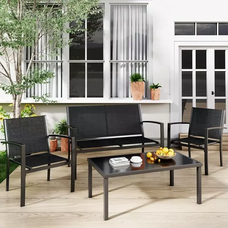 Outdoor-Gesprächs sets für Terrassen tisch am Pool mit einem Glas Couch tisch 4 Stück Terrassen möbel Set schwarz Rasen Garten Camp