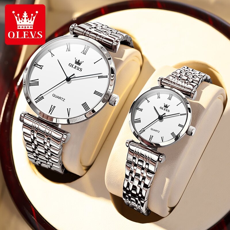 OLEVS jam tangan pasangan, jam tangan mewah untuk Nen dan wanita modis skala Romawi, sederhana, anti air, Romantis