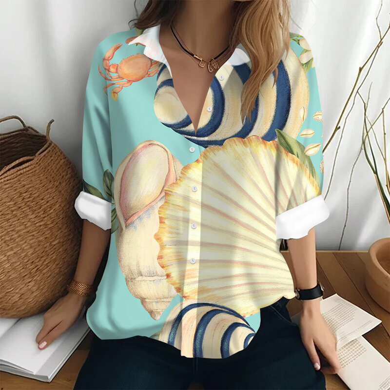 2024 New Women's Sumerian Clothing Long Sleeve Polo Shirt Marine Life Pattern Print Casual Loose Lapel Polo Lapel Shirt Women's
