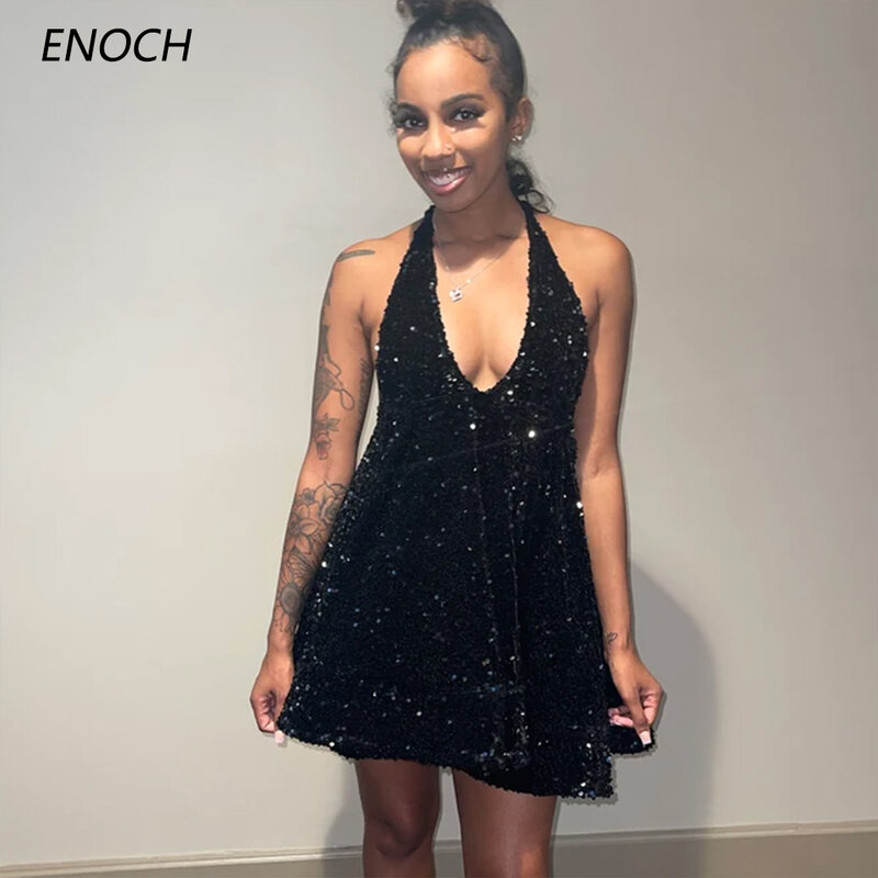 ENOCH 섹시한 딥 브이넥 파티 드레스, 심플한 민소매 백리스 스팽글 홈 커밍 가운, 무릎 위 드레스, 신상