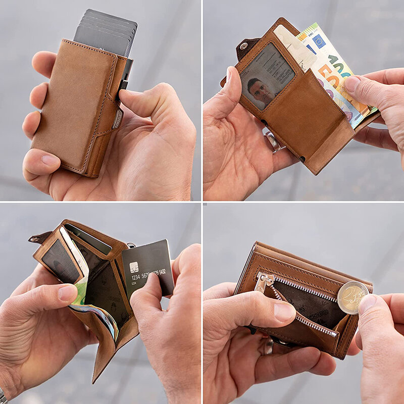 Porte-cartes de crédit Pop-Up avec protection RFID, portefeuille en cuir véritable, compartiment pour billets et pièces de monnaie, hommes et femmes