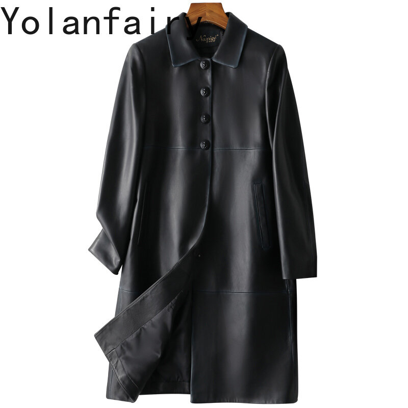 Casaco de couro de carneiro genuíno feminino, corta-vento de peito único, jaqueta solta de comprimento médio, moda, outono, inverno