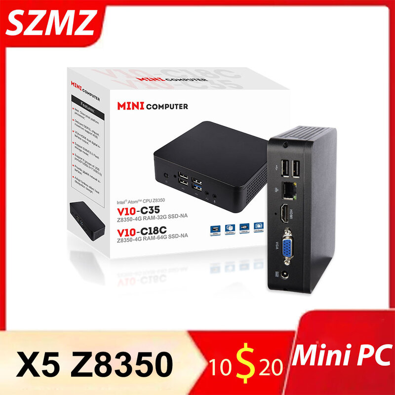 Szmz Mini Pc X5 Z8350 1.92Ghz 4Gb Ram 64Gb Ssd Wnidows 10 Linux Ondersteuning 2.5 Inch Hdd, vga & Hdmi Dual Output, WIN10 Tv Box