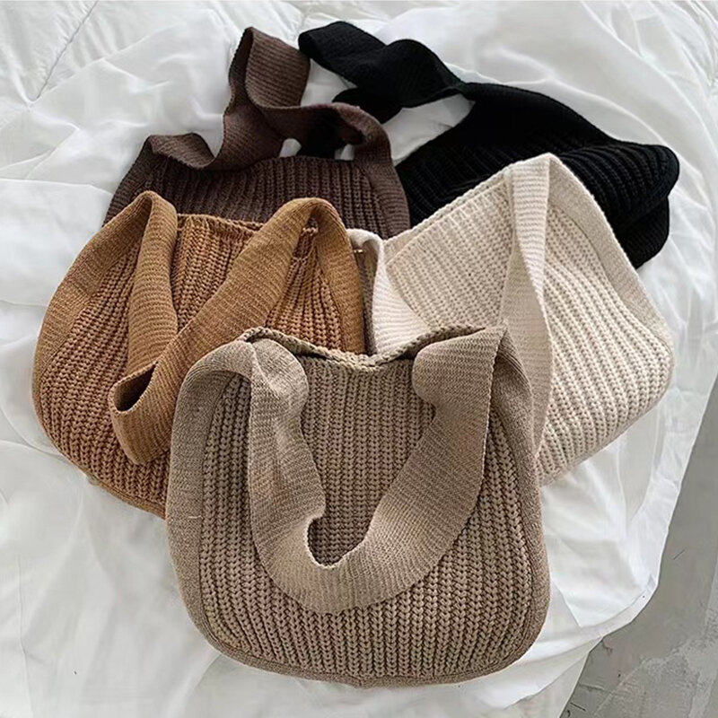 Fashion Knitted Shoulder Bags Autumn & Winter Style Solid Color Women Handbags INS Design Weave Bags for Female Ladies Big Tote