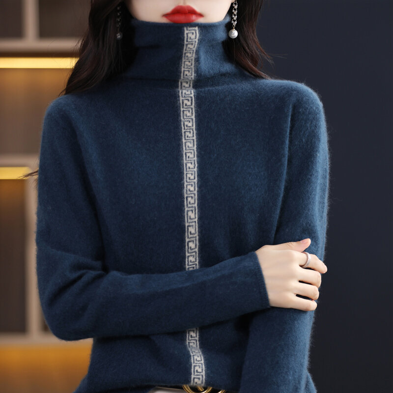 스웨터 풀오버 하이넥 다목적 긴 소매 느슨한 2022 순수 울 니트웨어 한국 패션 탑 여성용, 100% 신제품, 가을 겨울