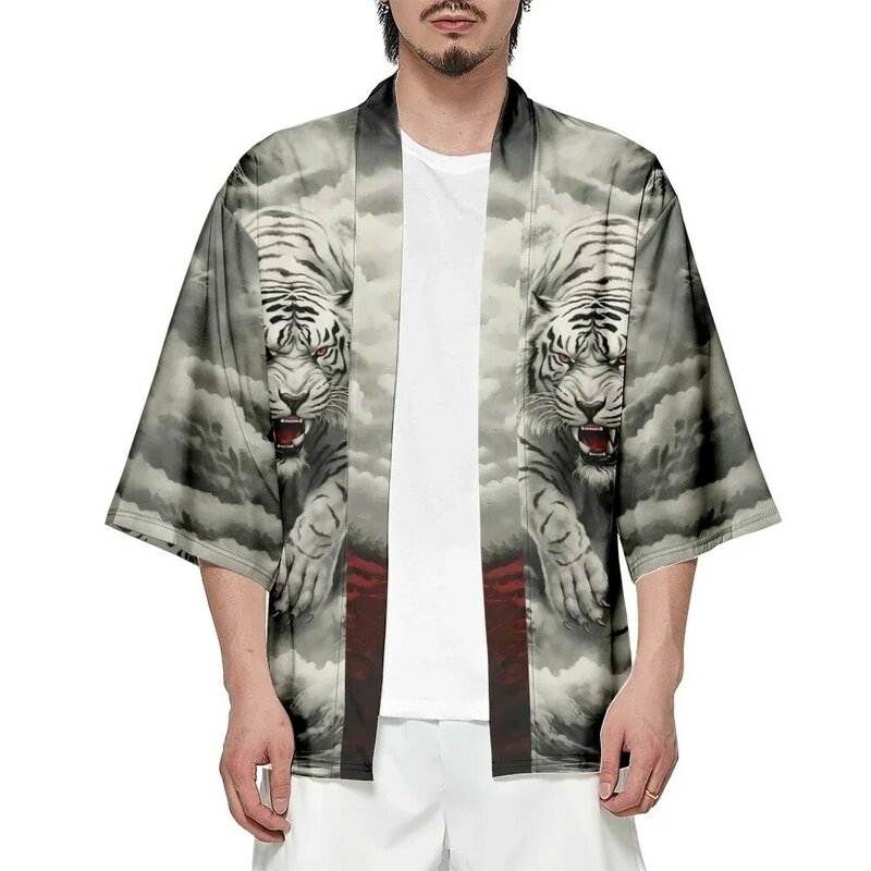 Chemise Haori à imprimé tigre pour hommes et femmes, cardigan traditionnel, streetwear Harajuku, kimono japonais, grande taille, entrée de plage, mode