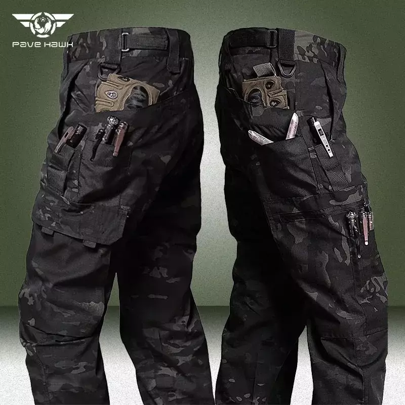 Черные камуфляжные брюки-карго, уличные водонепроницаемые брюки Ripstop с несколькими карманами, мужские осенние износостойкие тренировочные штаны для рыбалки и работы