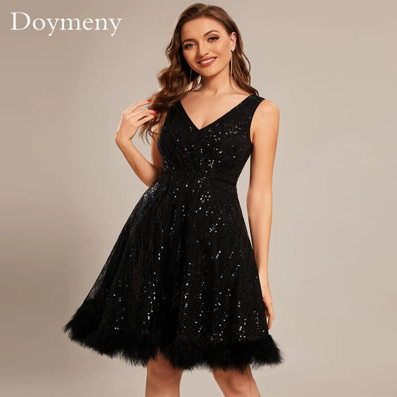 Doymeny 2023 Индивидуальный размер V-образный вырез блестки перо короткое платье для выпускного вечера V-образный вырез без рукавов с открытой спиной Элегантные платья