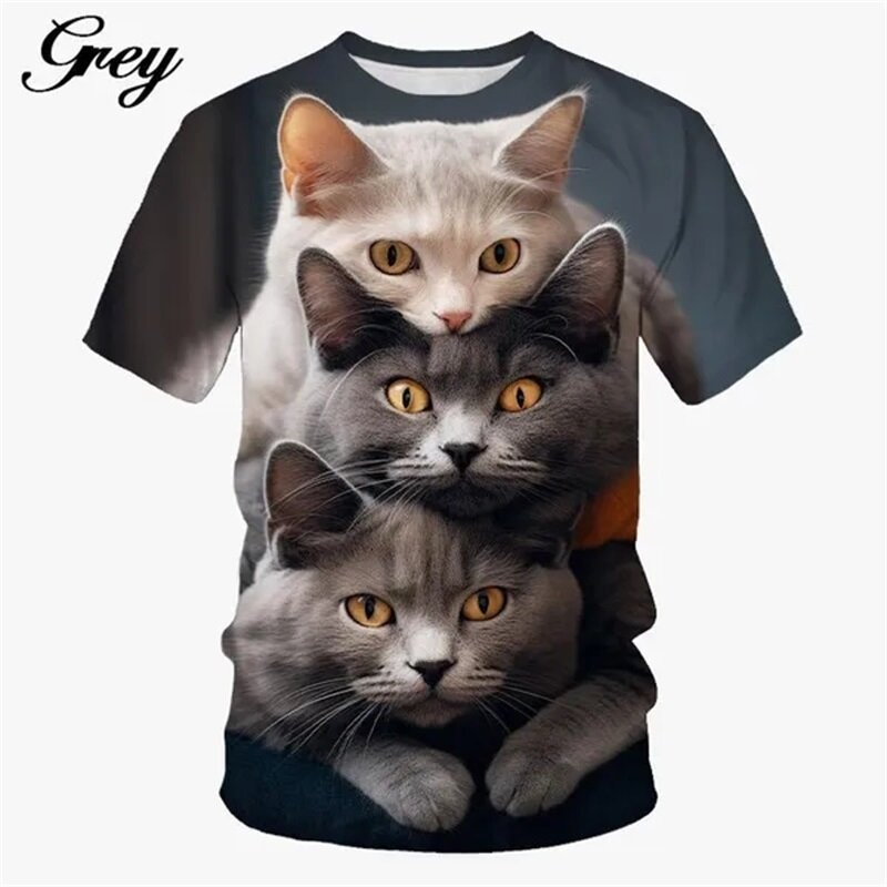 T-Shirt graphique chat empilé pour hommes et femmes, imprimé en 3D, manches courtes, décontracté, drôle, mignon