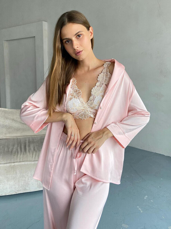 Marthaqiqi Pink Ladies Pajamas Set Sexy Turn-Down Collar Sleepwear Long Sleeve Nightwear Pants 2023 New Loose Femme Home Clothes