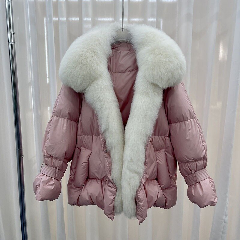Casaco de pele de raposa natural para mulheres, jaqueta de pele real removível, jaqueta de pato branca feminina, Parkas quentes soltas, moda casual, inverno, 2023