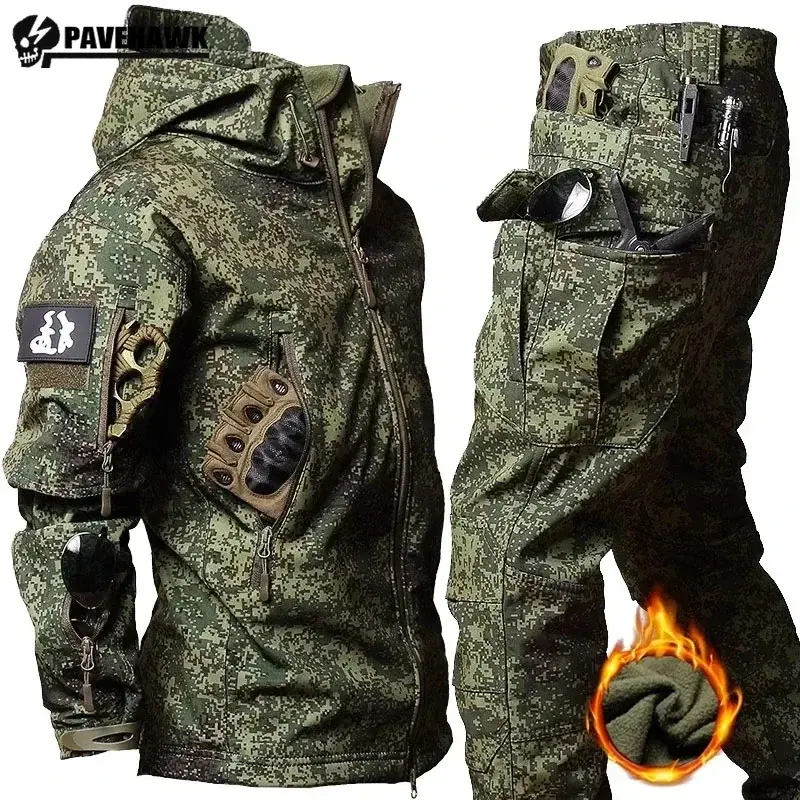 Winter Thicken Men Camo Suit Waterproof Tactical Training Set Multi-pocket Hooded Jacket Fleece Pants Outdoor Hunting 2-piece