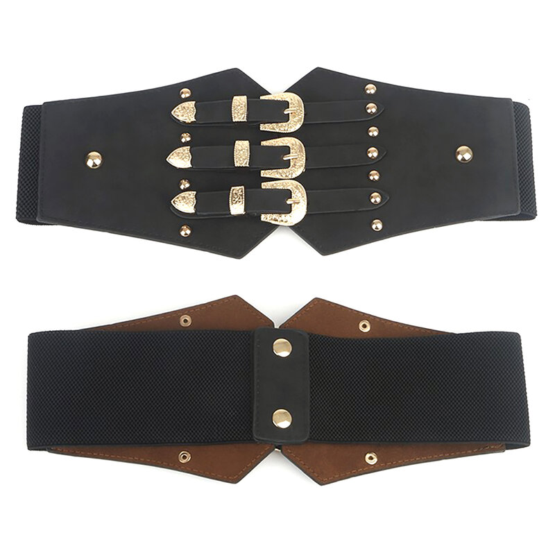 Cinturones decorativos de cintura clásica Vintage para mujer, banda elástica de lujo con hebilla dorada de tres filas, faja para vestido y abrigo