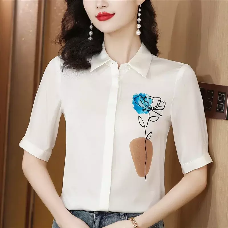 女性用半袖プリントサテンボタンダウンTシャツ,サマーファッション,新しいコレクション