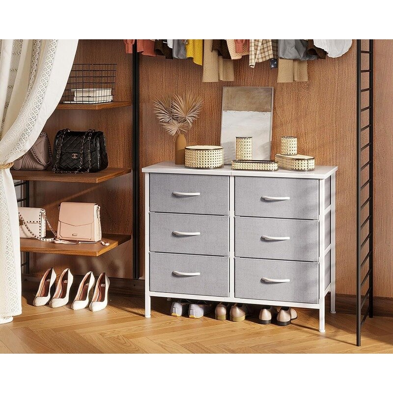 Dresser for Bedroom Dresser, TV Stand com 6 gavetas de armazenamento, Peito de tecido pequeno de gavetas, Roupas Organizer Closet