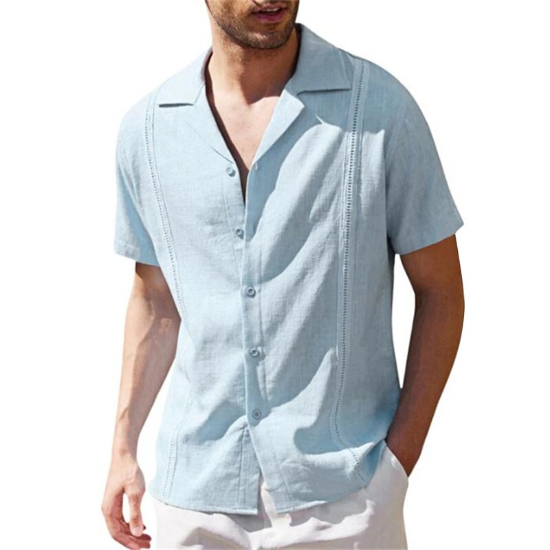 Men's Summer Casual T Shirt Solid Color Short Sleeve Lapel Button Shirts business casual Loose Fit Tops For M-3XL
