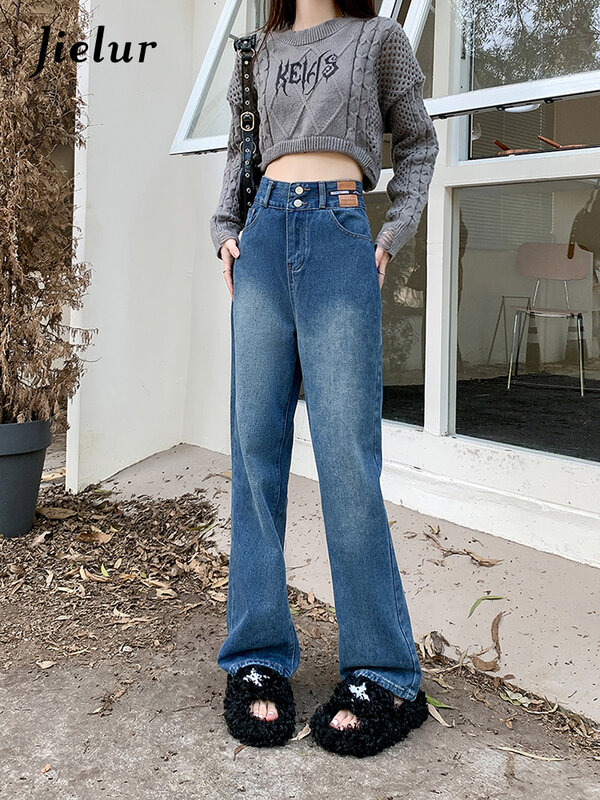 Jielur-Jeans slim vintage para mulher, cintura alta, calça de perna reta e solta, simples e básica, moda de rua feminina, nova, outono
