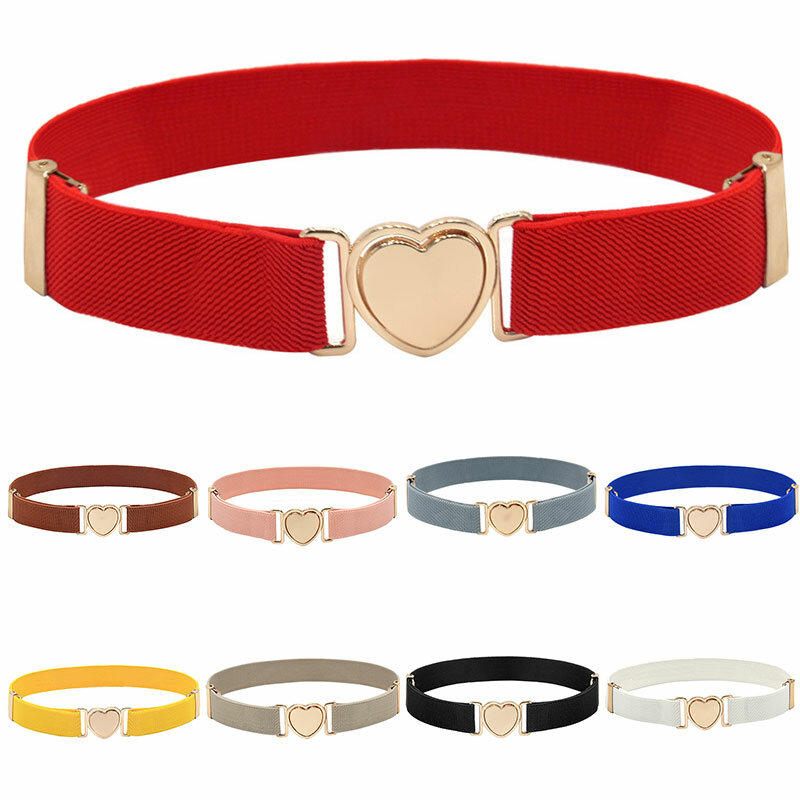 1PCS Adjustable Stretch Waistbands Boys Girls Belt Love Heart Shape Buckle Solid Color Wide Leisure Elastic Waist Belt