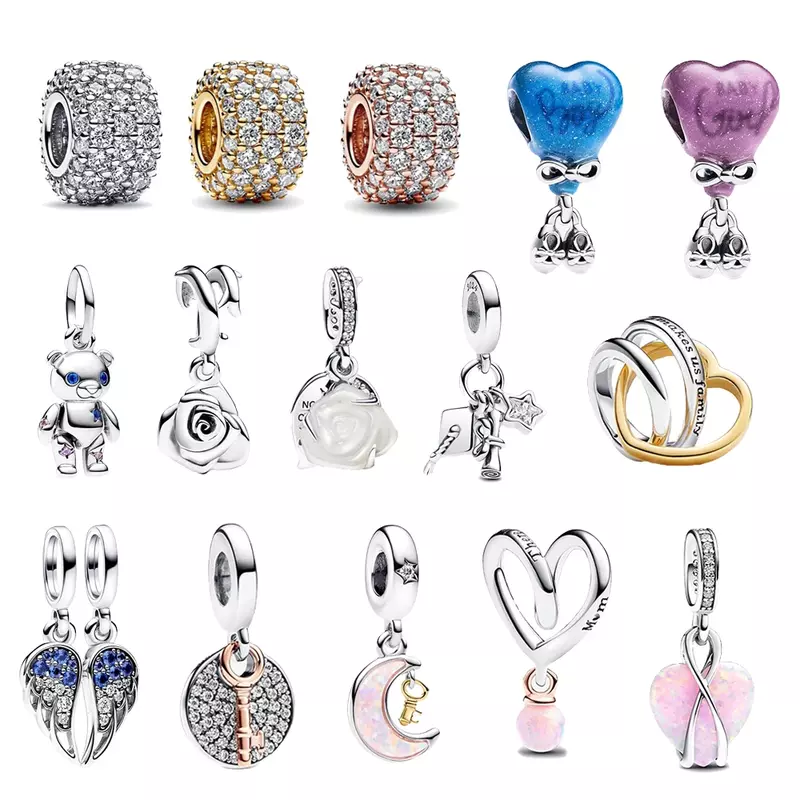 Exquisite 925 Sterling Silver Moon Family Love Key Angel Wings Double Dangle Charm Fit Pandora Bracelet Women's Jewelry Gift