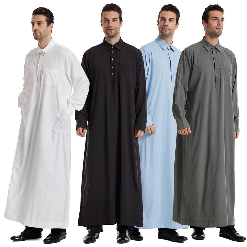 Moda musulmana de Oriente Medio para hombres, manga larga, cuello redondo árabe, Color sólido islámico, caftán Maxi, Dubái, Jubba larga, Thobe Abaya