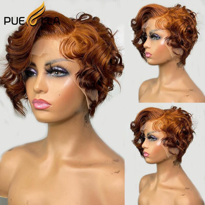 Peluca de cabello humano con corte Pixie para mujeres negras, postizo de encaje Frontal, corte Pixie, corte Bob corto con ondas sueltas, color marrón jengibre, 360