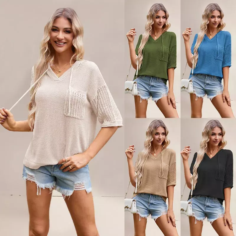 Summer New Casual Loose Hooded Women Knitwear Solid Color Hollow Female Top