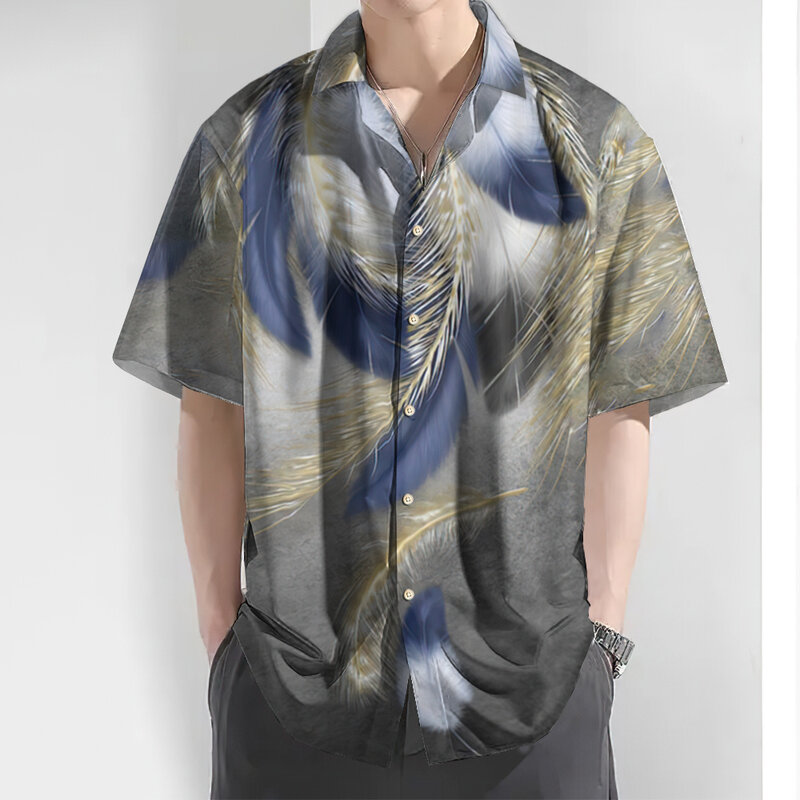 Camisa havaiana com estampa de penas 3D masculina, manga curta, roupa casual diária, camisa oversize solta, alta qualidade, verão