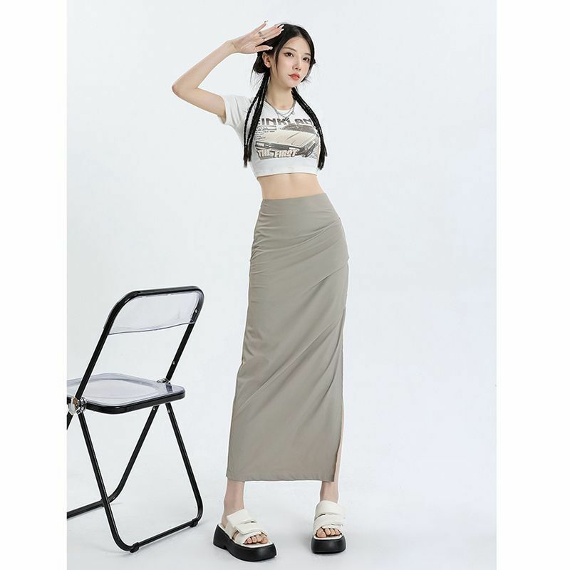 2024 Summer Versatile Folded Split Workwear Little Spicy Girl INS Design Sense Slim Fit and Slim Wrap Hip Skirt