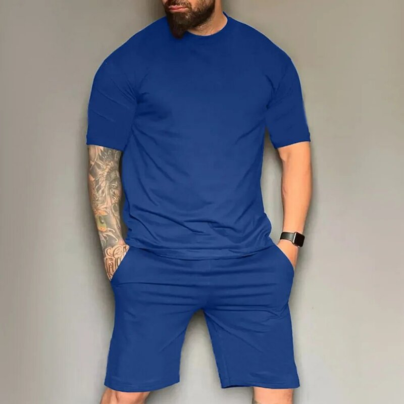 Terno de t-shirt e calções casual masculino, desportivo versátil, fino, simples, cor sólida, unissexo, novo, moda verão, 2 pcs set, 2024