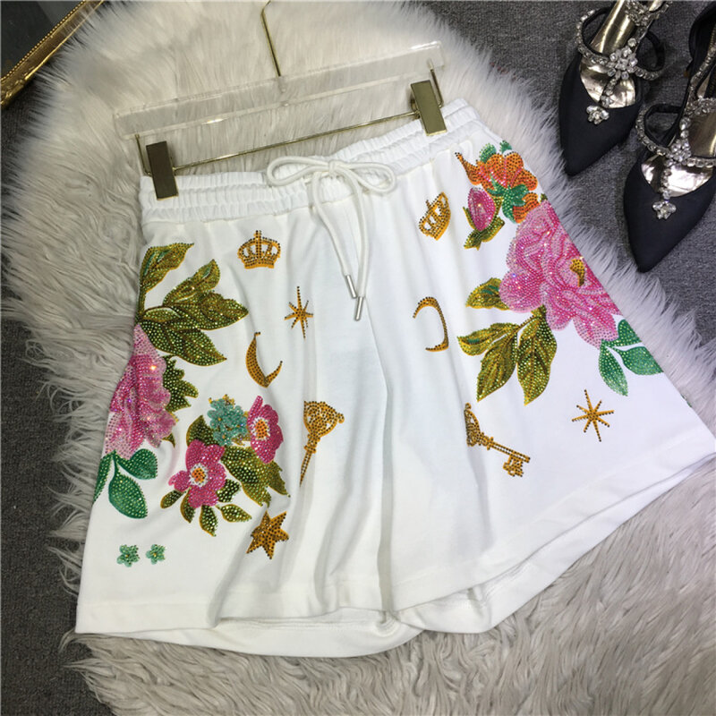 XL-4XL Plus rozmiar 150 KG spodnie szorty damskie z kryształami górskimi spodnie domowe elastyczne casualowe damskie z wysokim stanem luźna w kwiaty krótkie